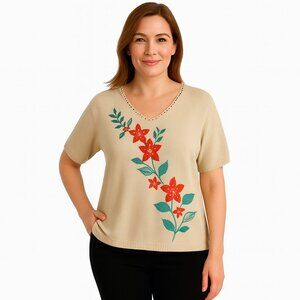 Alfred Dunner Tan Floral Beaded Sweater